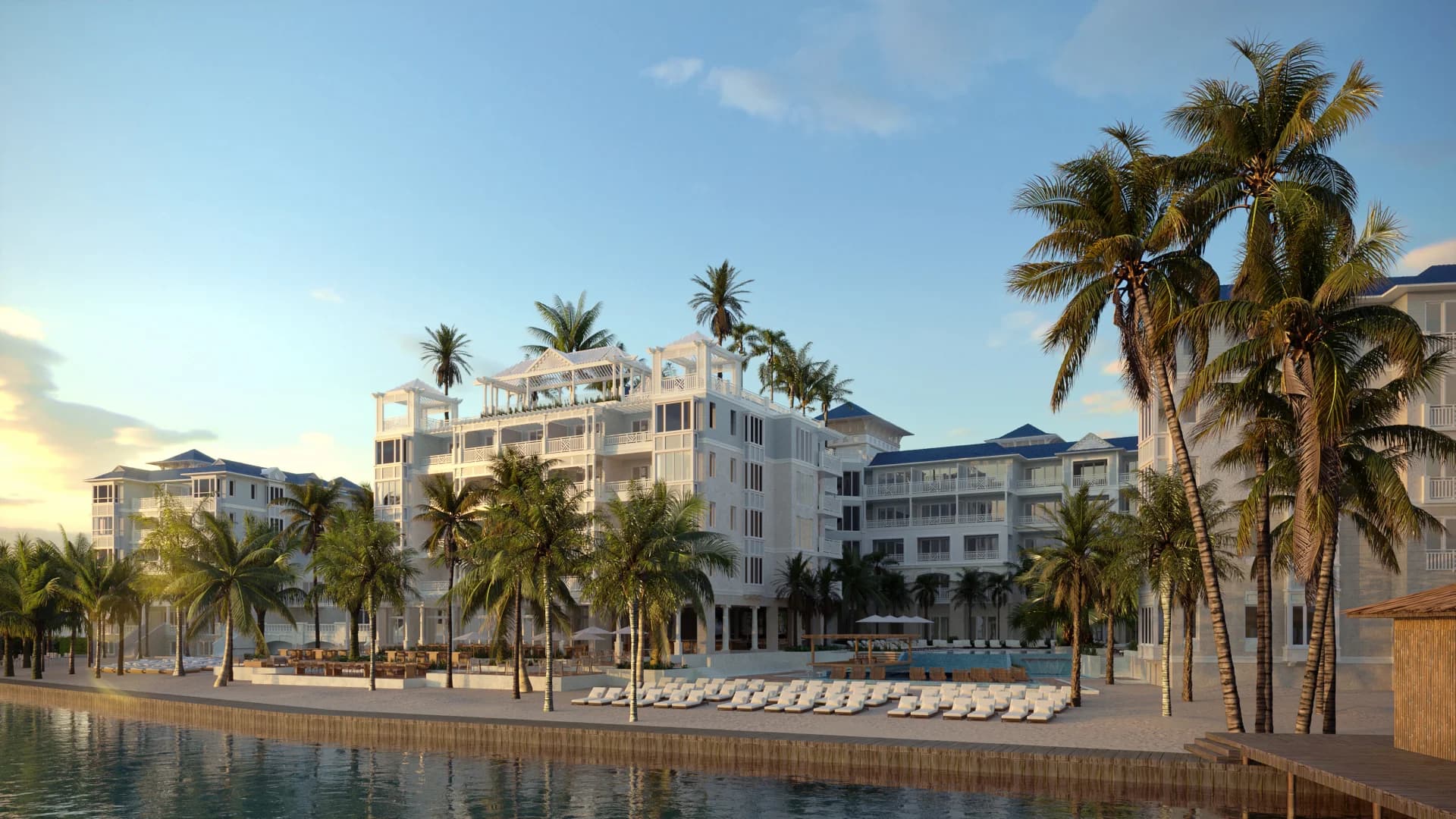 The Belize Marriott Residences seen from the water at sunset