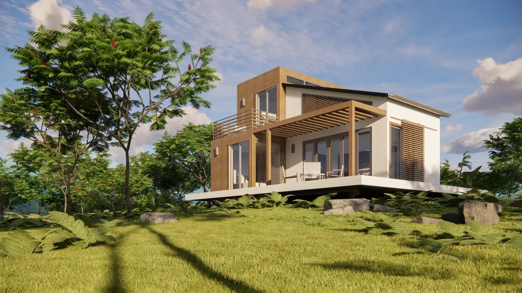 An off-grid tiny home on a green hillside in the Panamanian highlands
