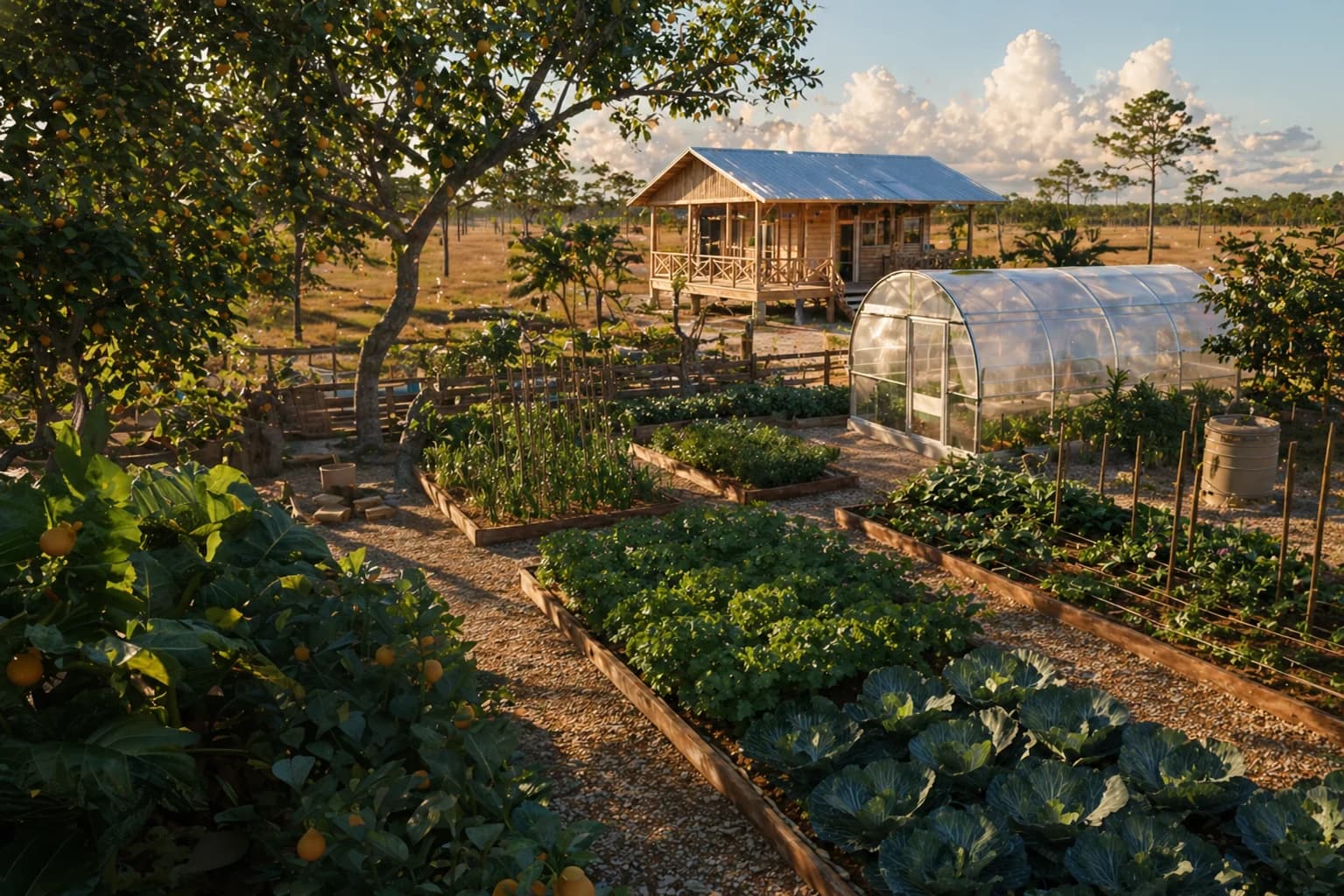Raised vegetable beds, a greenhouse, and a stilted farmhouse at golden hour
