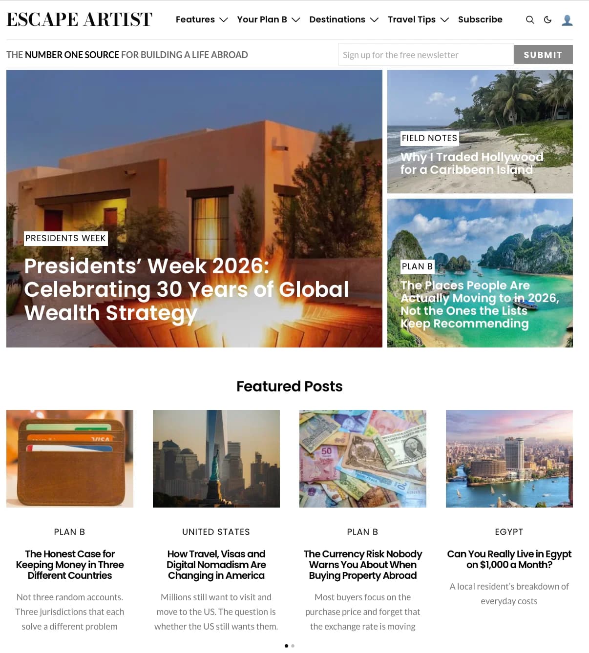 Escape Artist homepage, a publication for people building a life abroad